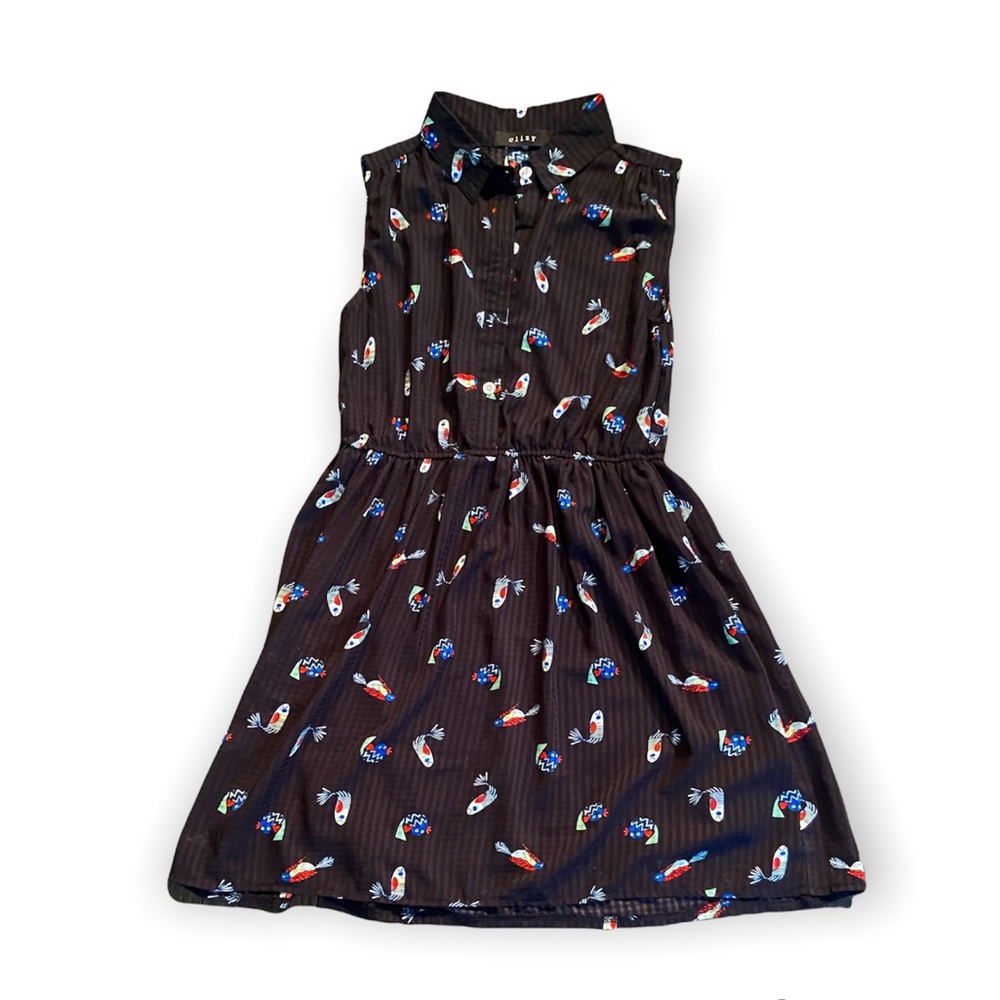 CNovelty shirt dress with a whimsical bird and fish print with full skirt